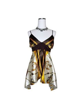 Y2K Estam Gold & Brown Floral Satin Handkerchief Hem Top Size Large